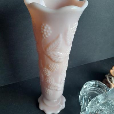 Vintage RARE Pink Raspberry Milk glass fluted Vase With whale candle sconce and wood carved boot