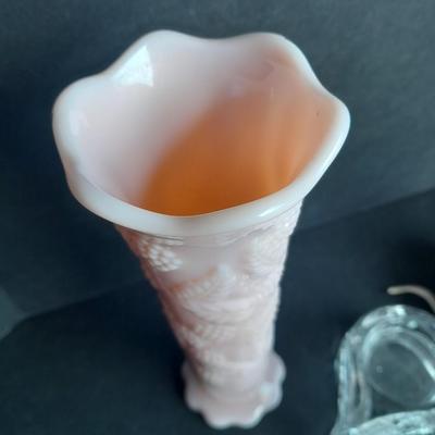 Vintage RARE Pink Raspberry Milk glass fluted Vase With whale candle sconce and wood carved boot