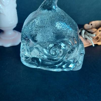 Vintage RARE Pink Raspberry Milk glass fluted Vase With whale candle sconce and wood carved boot