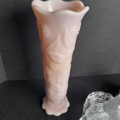 Vintage RARE Pink Raspberry Milk glass fluted Vase With whale candle sconce and wood carved boot