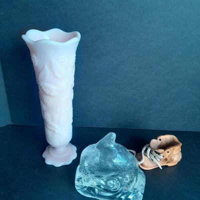 Vintage RARE Pink Raspberry Milk glass fluted Vase With whale candle sconce and wood carved boot