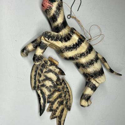 Painted Striped Wooden Cat with Angel Wings Folk Art Hanging Figurine Ornament