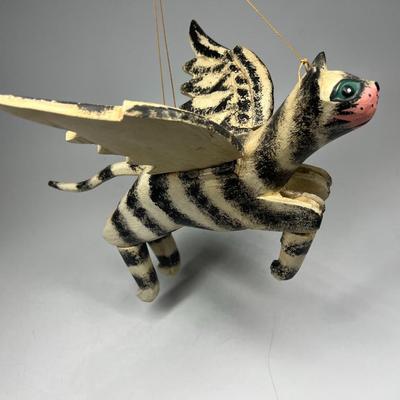 Painted Striped Wooden Cat with Angel Wings Folk Art Hanging Figurine Ornament