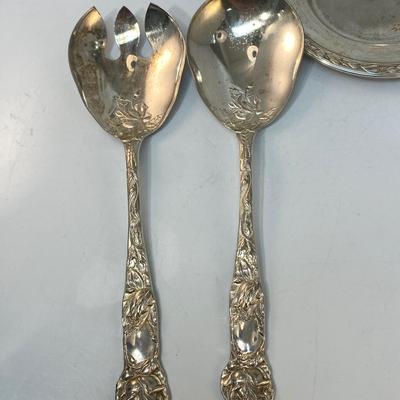 Vintage Silver Plate Ornate Floral Rose Handle Serving Tongs Spoons & Small Vine Edge Plate