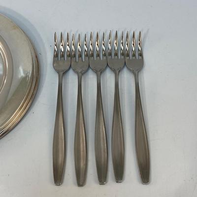 Vintage Stainless Steel Cocktail Forks and Silver Plate Appetizer Plates