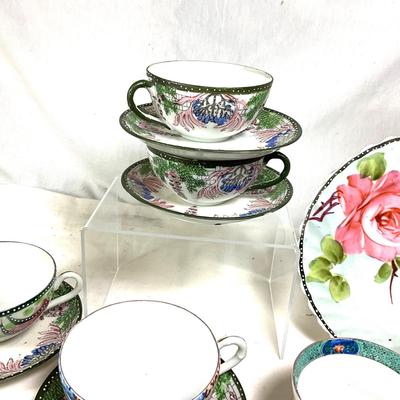 1565 Antique Japanese Handpainted Porcelain Moriage Cups and Saucers