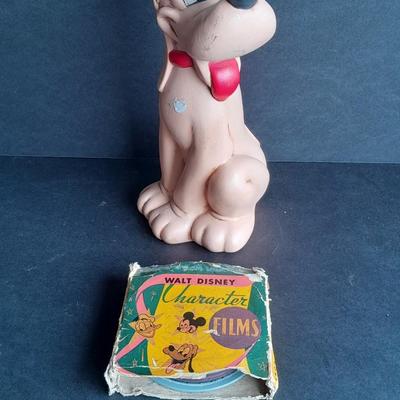 Walt Disney Prod. chalkware Pluto statue and Vintage Walt Disney Character Films reel