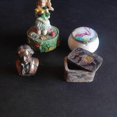 Small trinket and treasures, Ring boxes, Jefferson bust, and girl figure