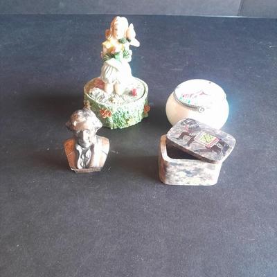 Small trinket and treasures, Ring boxes, Jefferson bust, and girl figure