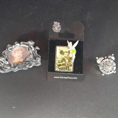 Mickey mouse Walt Disney Pin with Tinkerbell, small clock pin, and a small metal picture frame