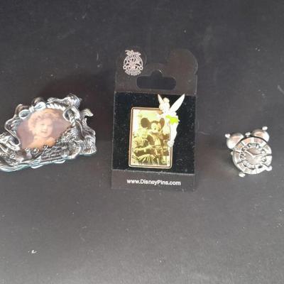 Mickey mouse Walt Disney Pin with Tinkerbell, small clock pin, and a small metal picture frame