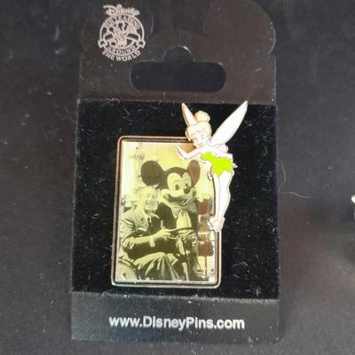 Mickey mouse Walt Disney Pin with Tinkerbell, small clock pin, and a small metal picture frame
