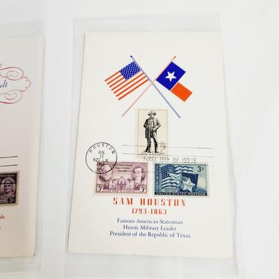 SAM HOUSTON & ELEANOR ROOSEVELT 1ST DAY ISSUE STAMP CARDS