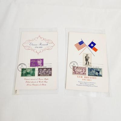 SAM HOUSTON & ELEANOR ROOSEVELT 1ST DAY ISSUE STAMP CARDS