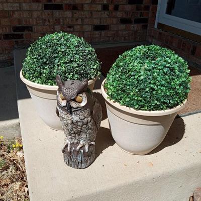 FAUX PLANTS IN POTS AND AN OWL