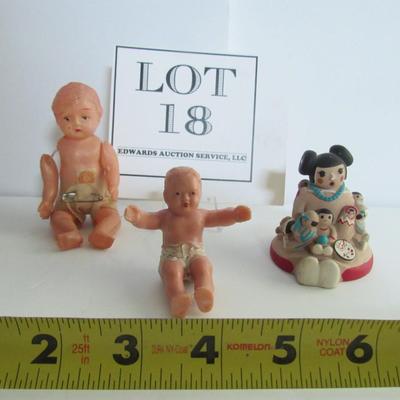 Small Lot, Celluloid Doll, Rubber ? Doll, Native American Pottery Figures