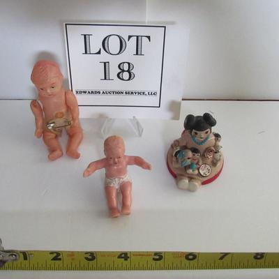 Small Lot, Celluloid Doll, Rubber ? Doll, Native American Pottery Figures