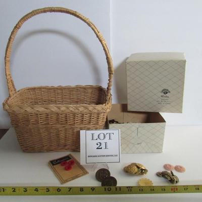 Large Lot of Old Buttons In Old Jewelry Box From Rades Jewelry, Racine, And a Basket