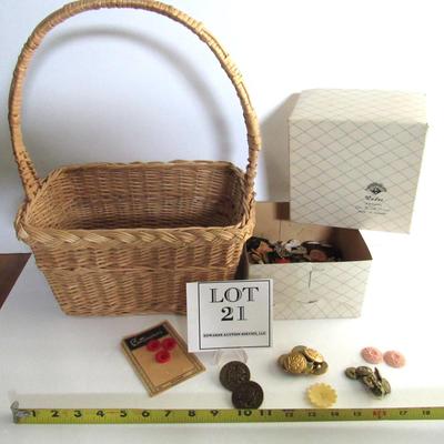 Large Lot of Old Buttons In Old Jewelry Box From Rades Jewelry, Racine, And a Basket