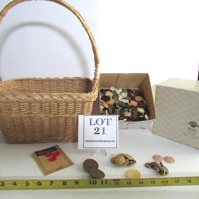 Large Lot of Old Buttons In Old Jewelry Box From Rades Jewelry, Racine, And a Basket
