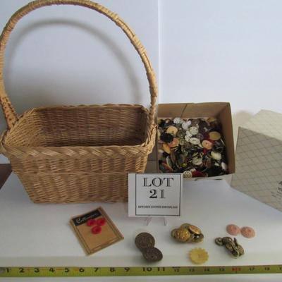 Large Lot of Old Buttons In Old Jewelry Box From Rades Jewelry, Racine, And a Basket