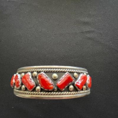STERLING SILVER AND CORAL BRACELET SIGNED 