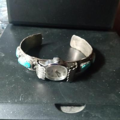 NATIVE AMERICAN STERLING SILVER AND TURQUOISE WATCH BAND