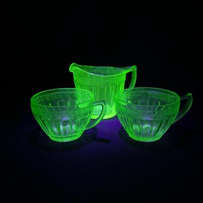 -30- URANIUM | Adam Jeanette Glass Co. | Green Depression Cups & Creamer