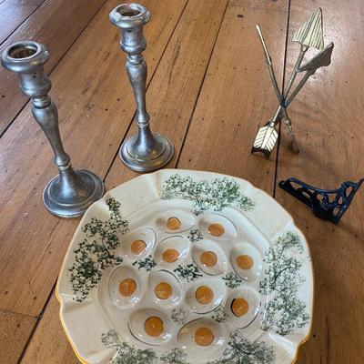 Home Decor Lot: Godinger Candlesticks, hand painted egg platter and more