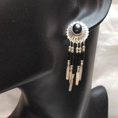 Vintage Native American Onyx Concho Fringe Drop 925 Earrings