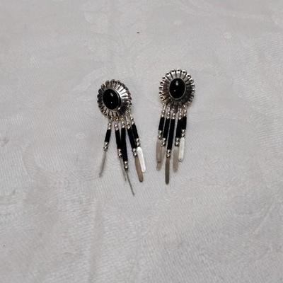 Vintage Native American Onyx Concho Fringe Drop 925 Earrings