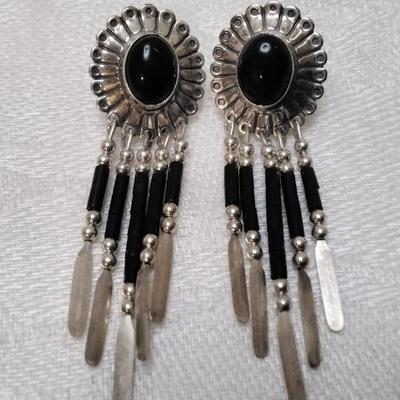 Vintage Native American Onyx Concho Fringe Drop 925 Earrings