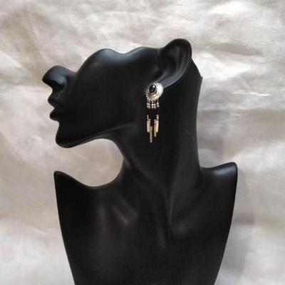 Vintage Native American Onyx Concho Fringe Drop 925 Earrings