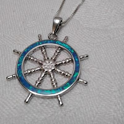 Blue Fire Opal Captains Wheel 925 18" Necklace