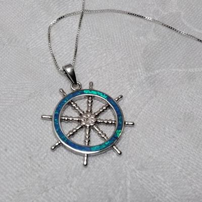 Blue Fire Opal Captains Wheel 925 18" Necklace