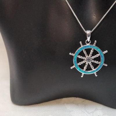 Blue Fire Opal Captains Wheel 925 18" Necklace