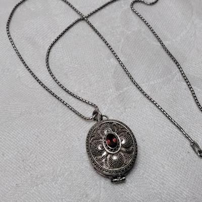 Antique Garnet 925 Pill Box 17" Necklace