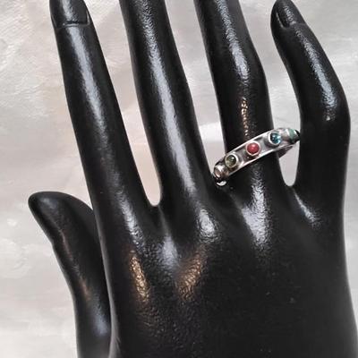 Peridot, Amethyst, Citrine, Coral, Turquoise, Onyx, Aquamarine Gemstone 925 Mexico Ring Size 8.5