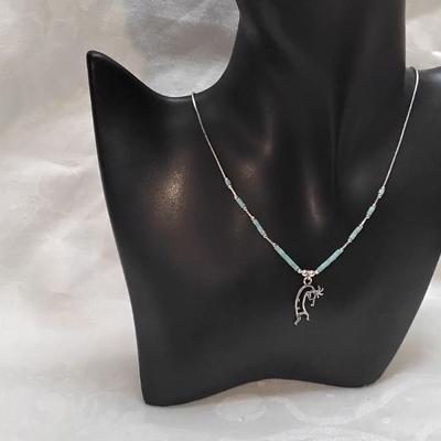 Signed Navajo Kokopeli Turquoise and Liquid Silver 16" 925 Necklace