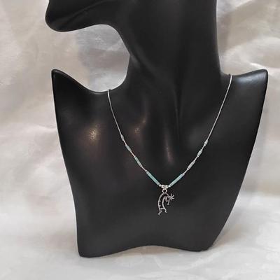 Signed Navajo Kokopeli Turquoise and Liquid Silver 16" 925 Necklace