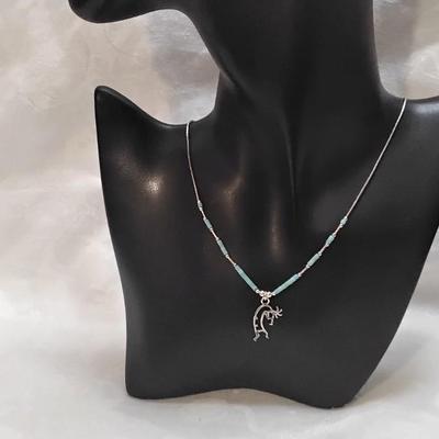 Signed Navajo Kokopeli Turquoise and Liquid Silver 16" 925 Necklace