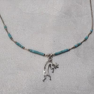 Signed Navajo Kokopeli Turquoise and Liquid Silver 16" 925 Necklace