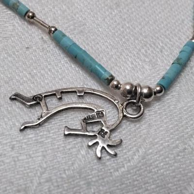 Signed Navajo Kokopeli Turquoise and Liquid Silver 16" 925 Necklace