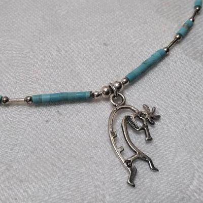 Signed Navajo Kokopeli Turquoise and Liquid Silver 16" 925 Necklace