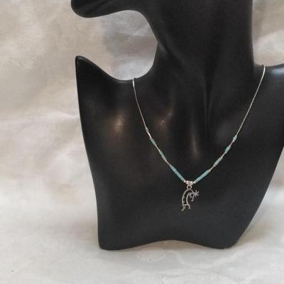 Signed Navajo Kokopeli Turquoise and Liquid Silver 16" 925 Necklace