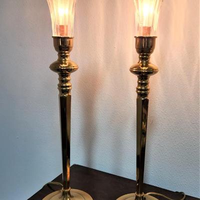 Lot #44  Pair of Brass Finish Torchiere Style Table Lamps