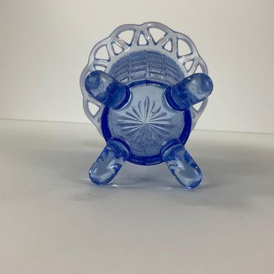 -40- GLASSWARE | Crocheted Crystal Compote | Blue Opalescent Crocheted Edge Footed Vase