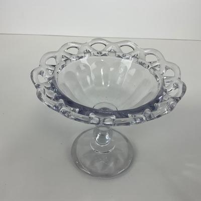 -40- GLASSWARE | Crocheted Crystal Compote | Blue Opalescent Crocheted Edge Footed Vase