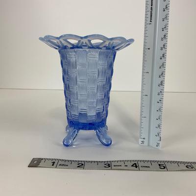-40- GLASSWARE | Crocheted Crystal Compote | Blue Opalescent Crocheted Edge Footed Vase