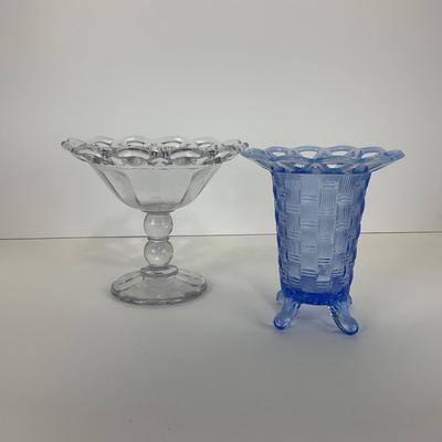 -40- GLASSWARE | Crocheted Crystal Compote | Blue Opalescent Crocheted Edge Footed Vase